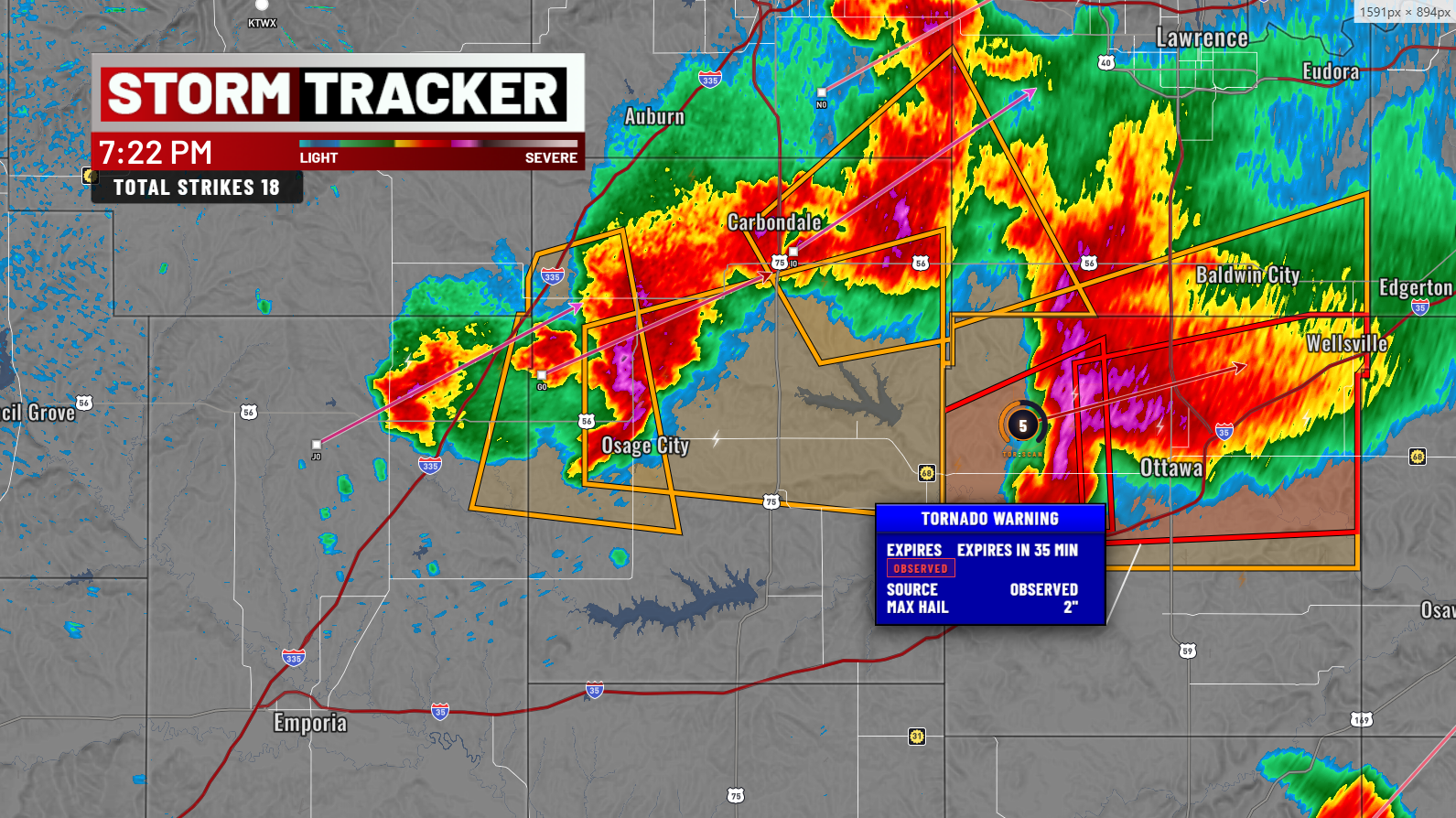 Storm cells with strike arrows